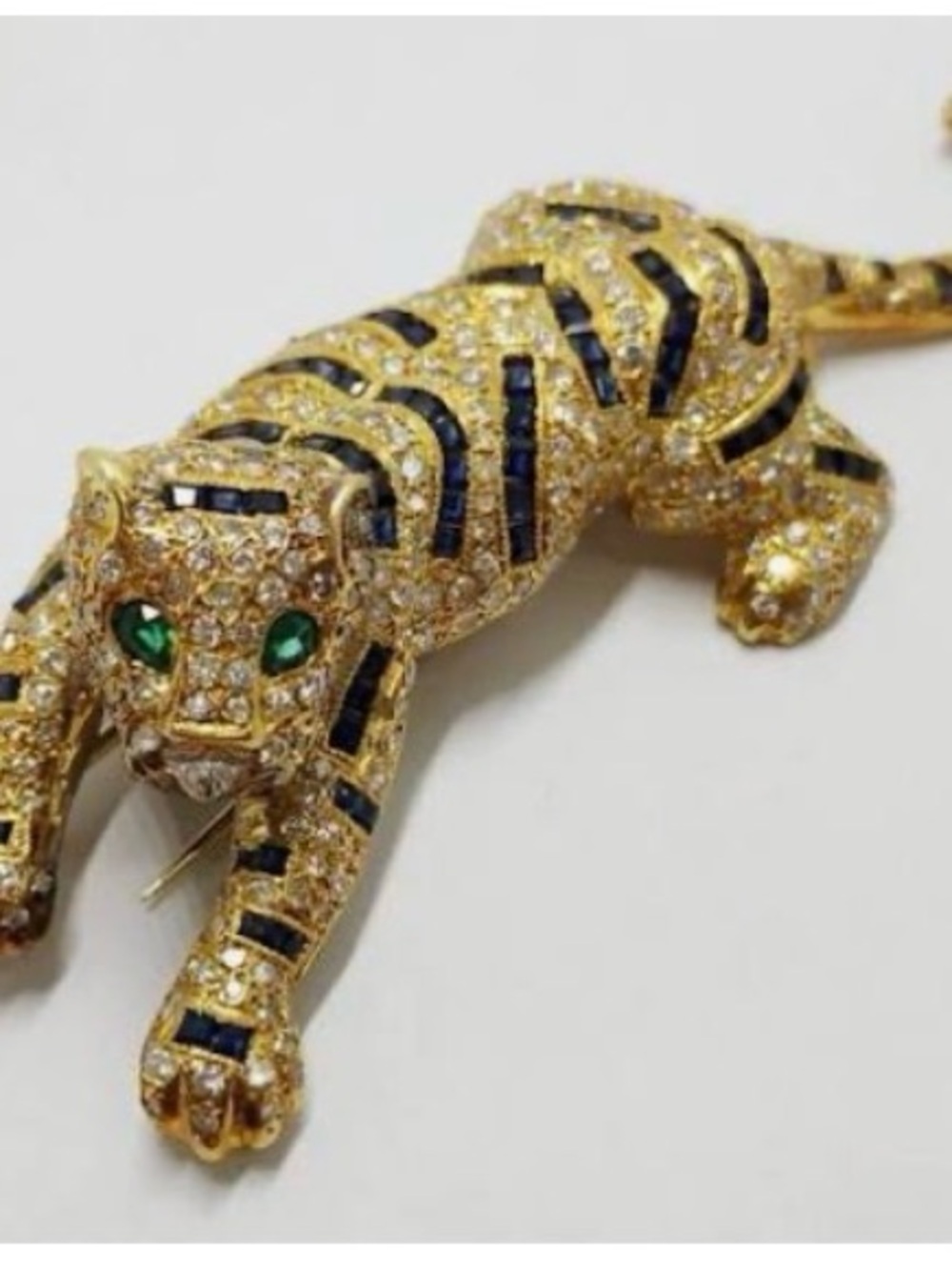 Gold-tone Tiger Brooch à la Cartier Black Stripes Green Eyes